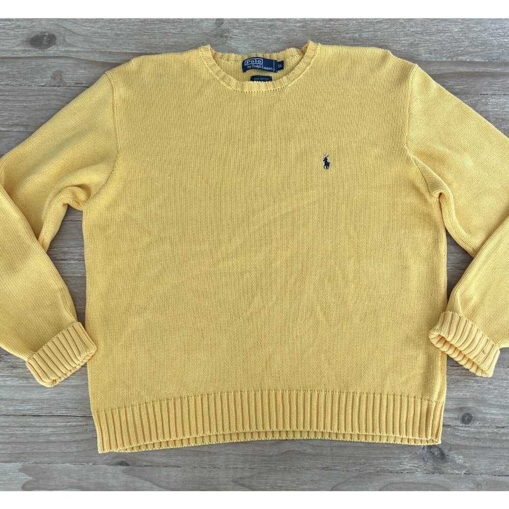 Polo Ralph Lauren Sweater Mens XL Yellow Crew Neck Knit Cotton Vintage